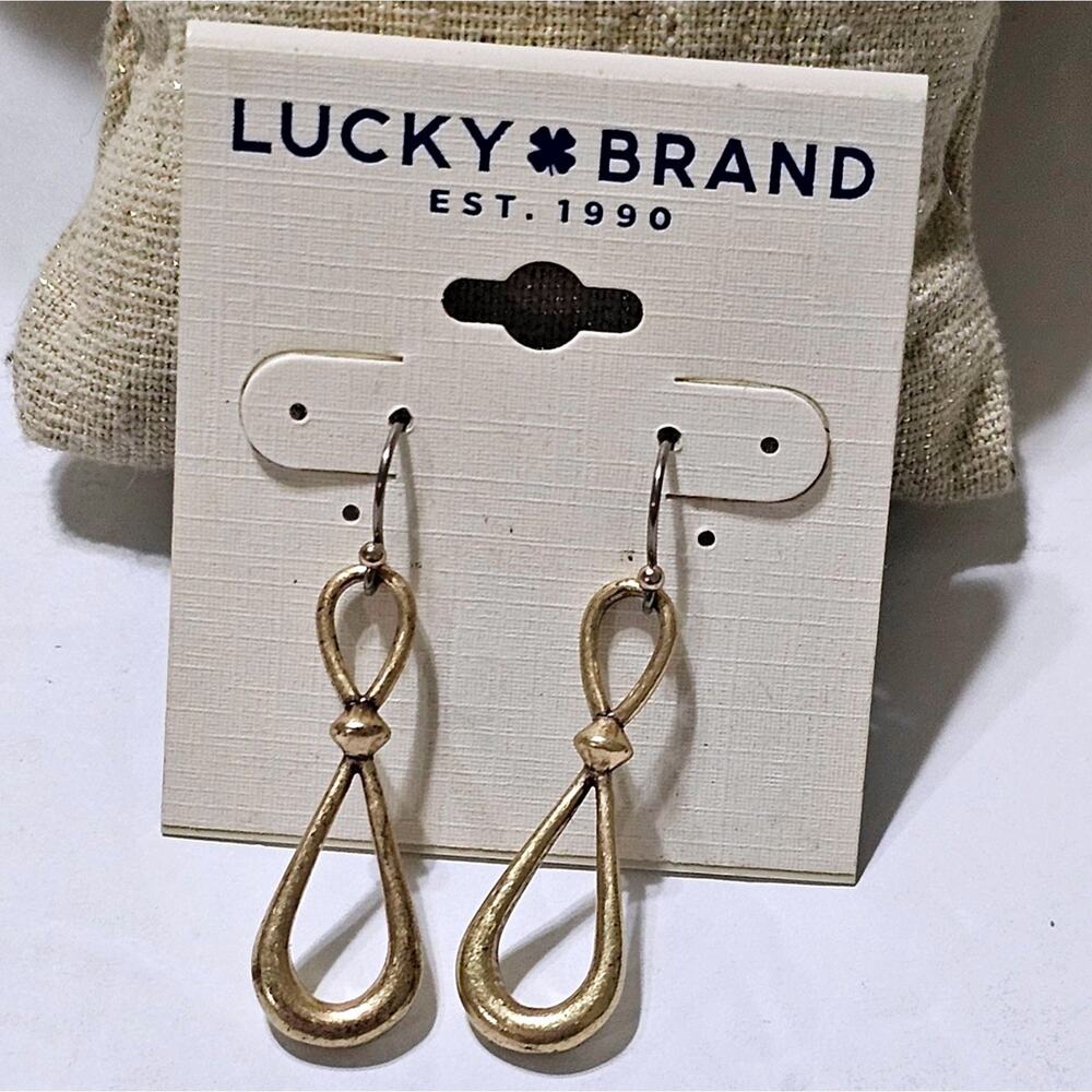 Lucky Brand Gold Tone Textured Open Teardrop Infinity Drop Dangle Earrings NEW